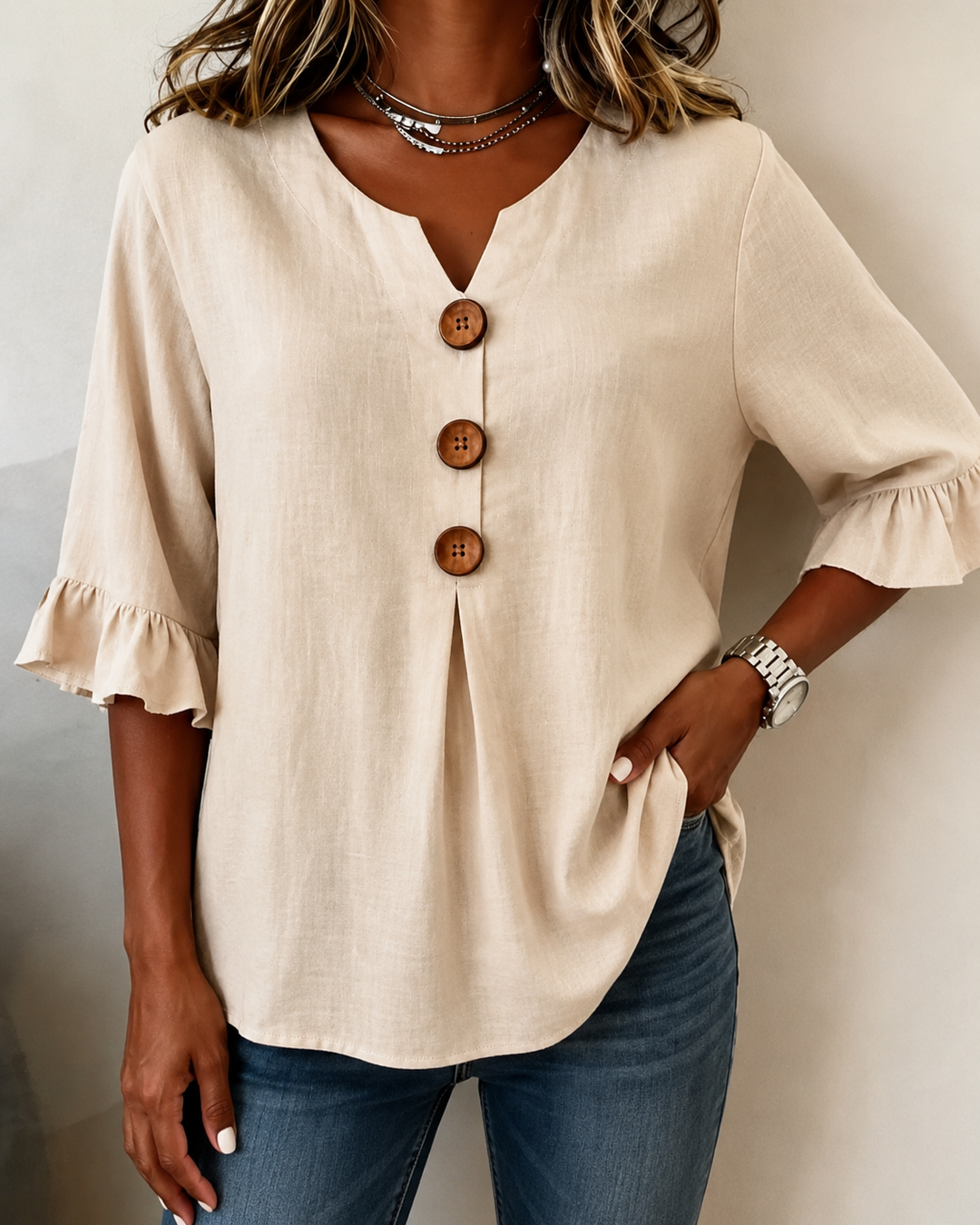 Kerria | Ruffle Sleeve Button Lino Camicetta