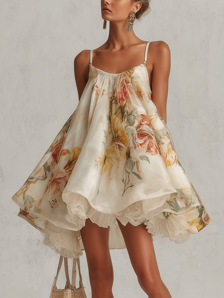 Sophie | Beige Floreale Raso Trapeze Mini Abito with Pizzo Trim
