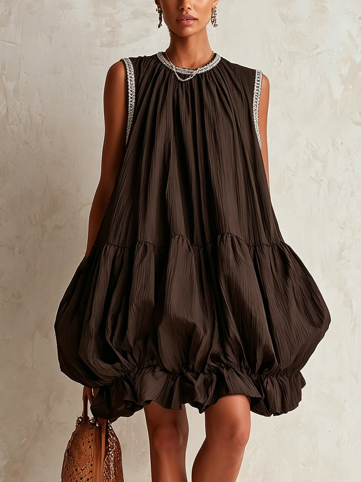 Thea | Senza Maniche Marrone Mini Abito with Puff Hem