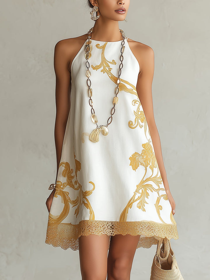 Ava | Bianco Pizzo Mini Abito with Oro Motifs