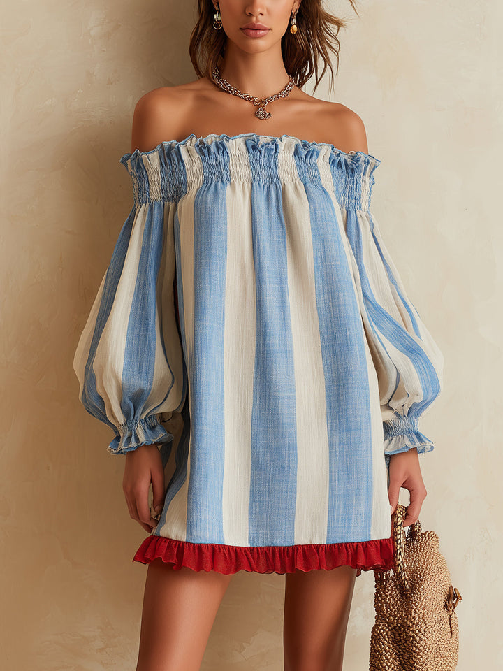 Iris | Blu and Bianco a Righe Spalle Scoperte Mini Abito with Contrast Hem