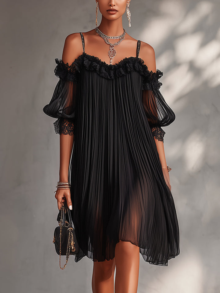 Olivia | Nero Raso Spalle Scoperte Mini Abito with Pizzo Trim