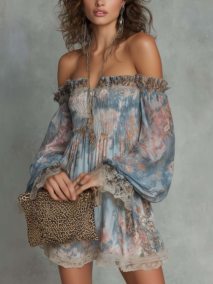 Elsie | Gathered Raso Spalle Scoperte Mini Abito with Romantic Florals