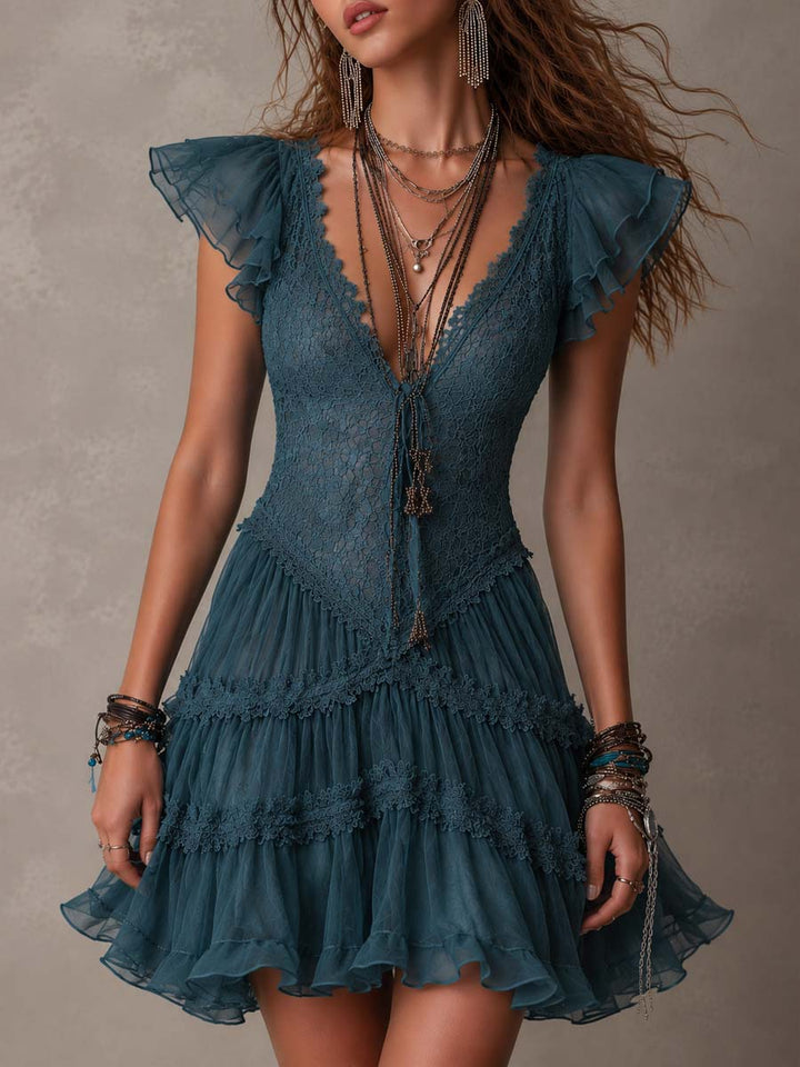 Josie | Ruffled Pizzo and Raso Mini Abito in Retro Blu