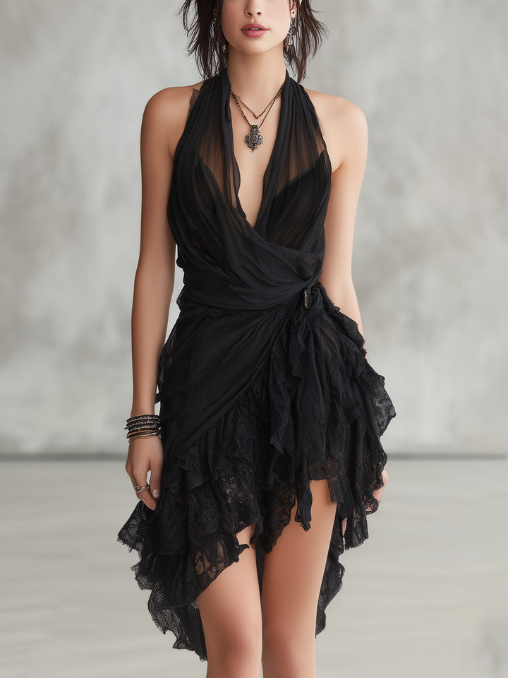 Lacetta | Nero Pizzo Halter Abito