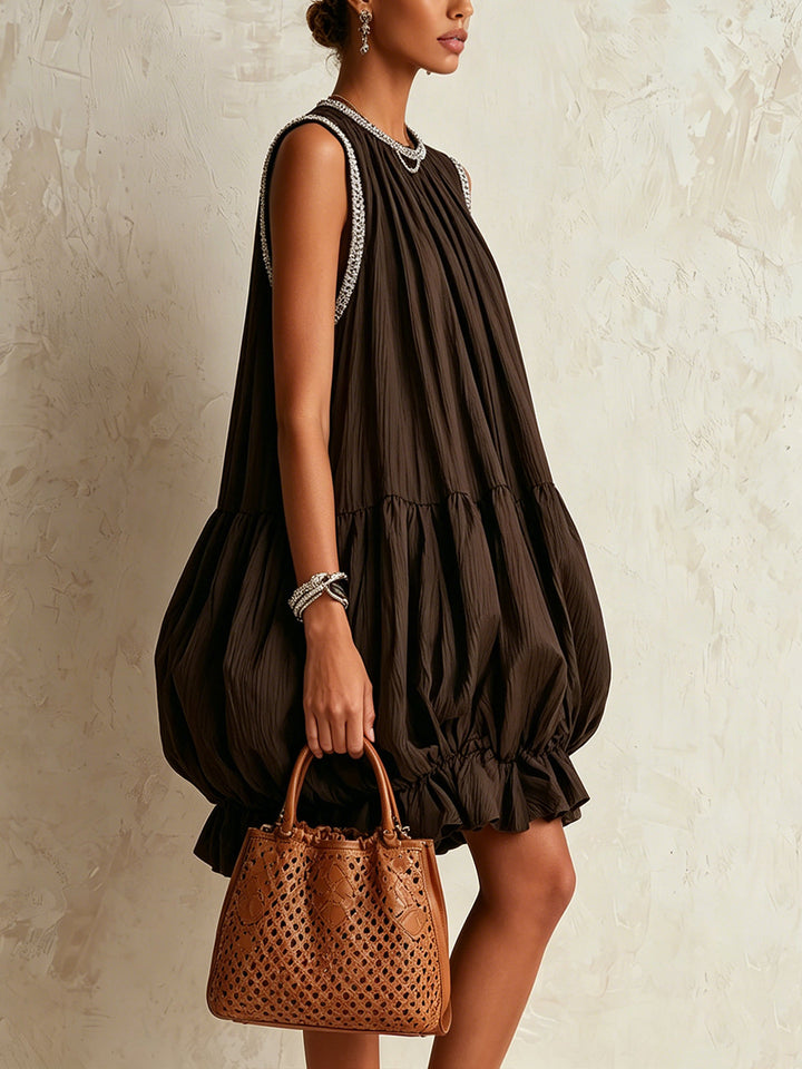Thea | Senza Maniche Marrone Mini Abito with Puff Hem