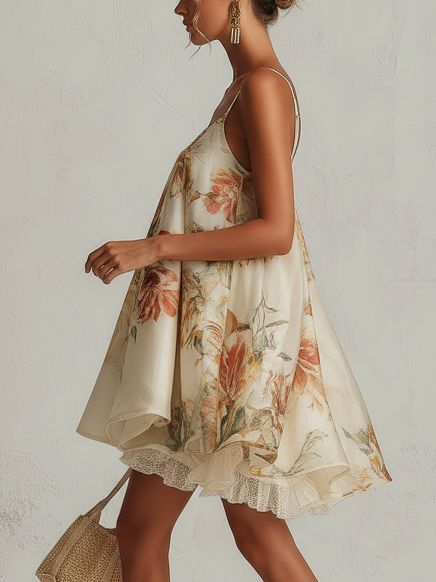 Sophie | Beige Floreale Raso Trapeze Mini Abito with Pizzo Trim