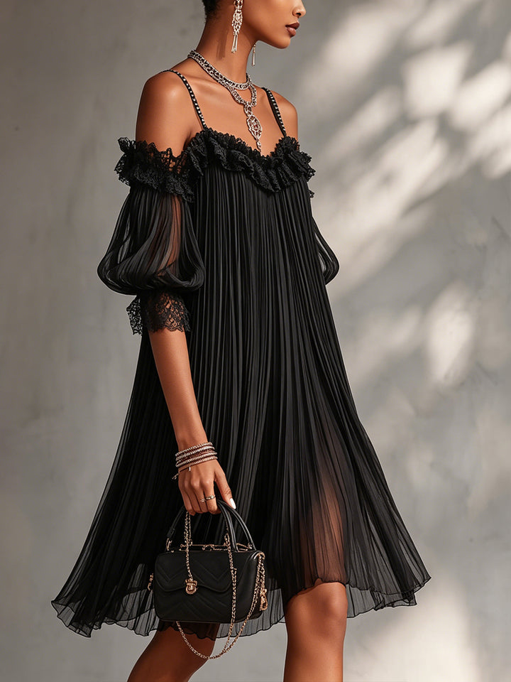 Olivia | Nero Raso Spalle Scoperte Mini Abito with Pizzo Trim