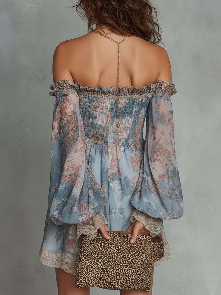 Elsie | Gathered Raso Spalle Scoperte Mini Abito with Romantic Florals