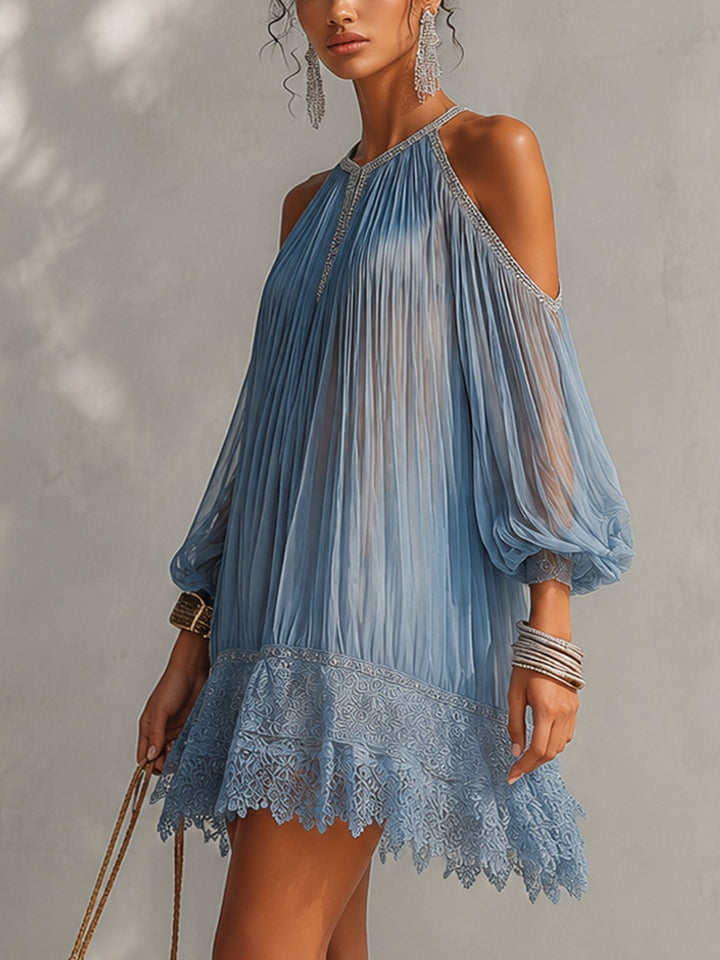 Amelia | Blu Ruched Spalle Scoperte Mini Abito with Pizzo Hem