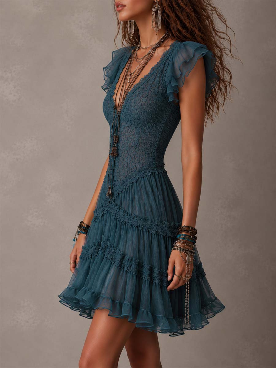 Josie | Ruffled Pizzo and Raso Mini Abito in Retro Blu