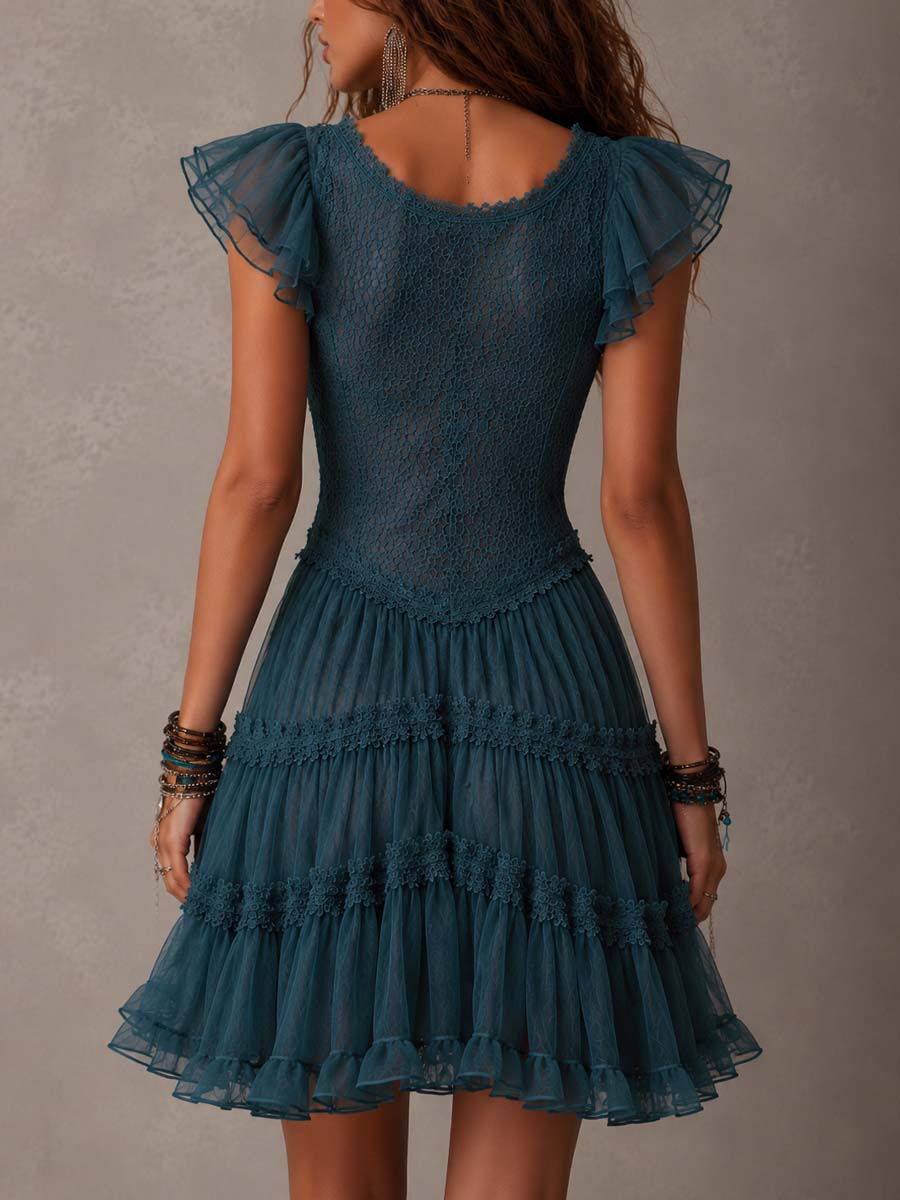 Josie | Ruffled Pizzo and Raso Mini Abito in Retro Blu