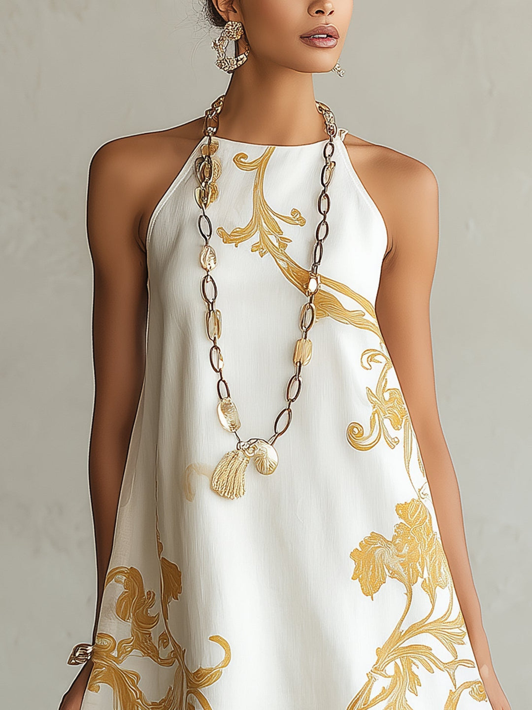 Ava | Bianco Pizzo Mini Abito with Oro Motifs