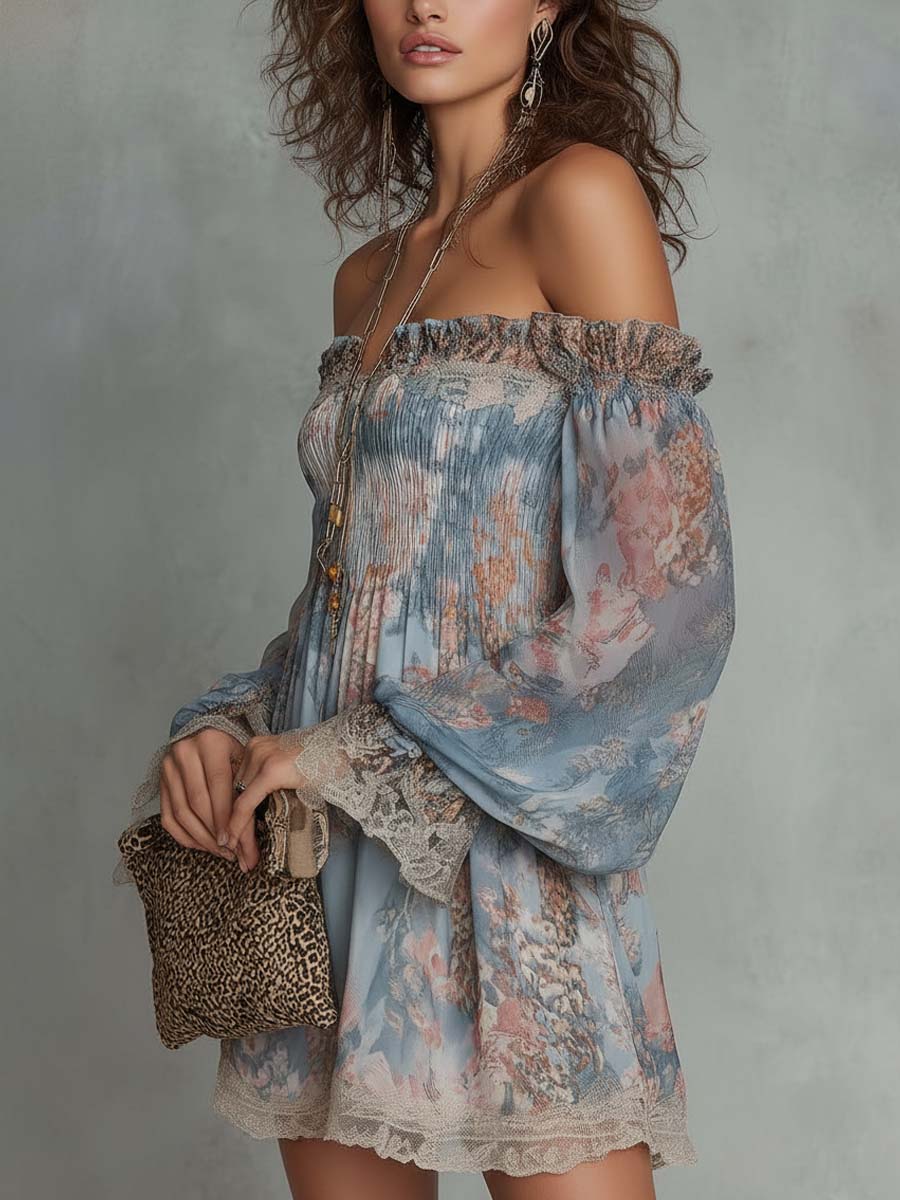 Elsie | Gathered Raso Spalle Scoperte Mini Abito with Romantic Florals