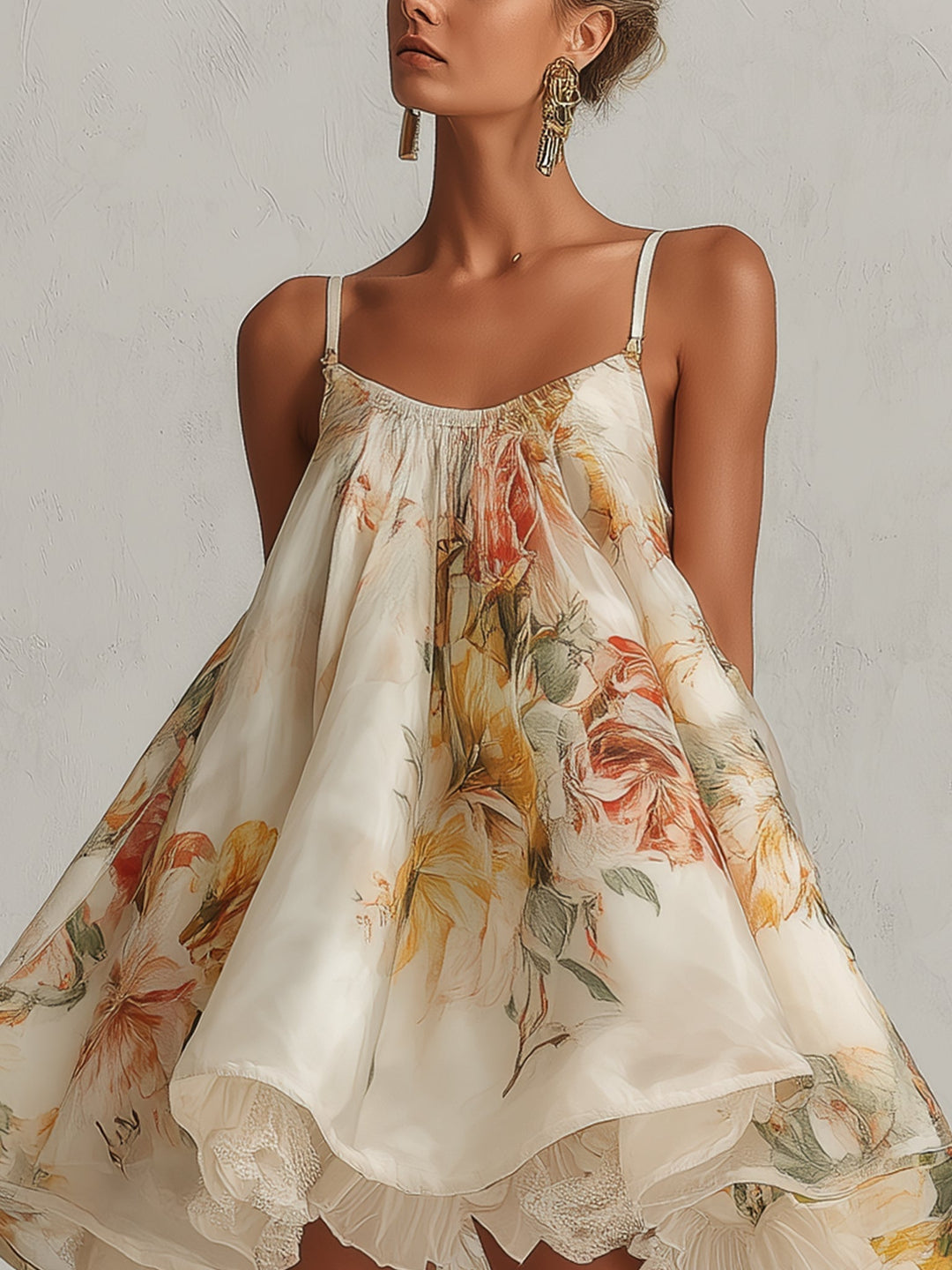 Sophie | Beige Floreale Raso Trapeze Mini Abito with Pizzo Trim