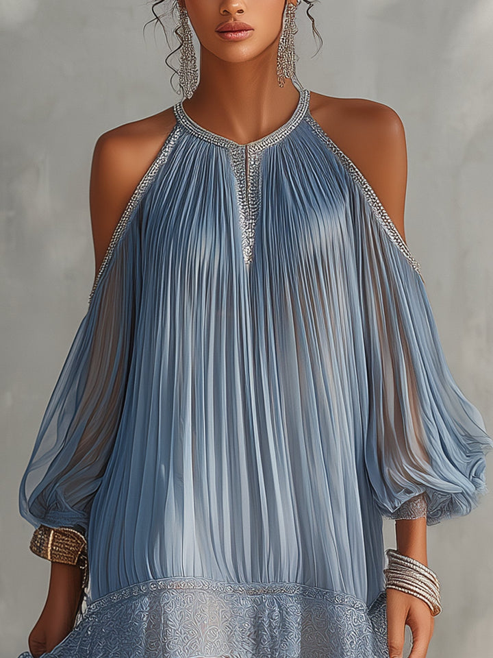 Amelia | Blu Ruched Spalle Scoperte Mini Abito with Pizzo Hem