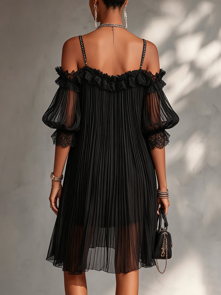 Ottavia | Nero Chiffon Mini Abito with Open Shoulders and Pizzo Trim