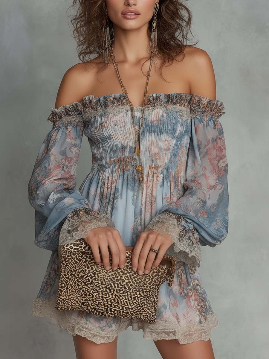 Elsie | Gathered Raso Spalle Scoperte Mini Abito with Romantic Florals