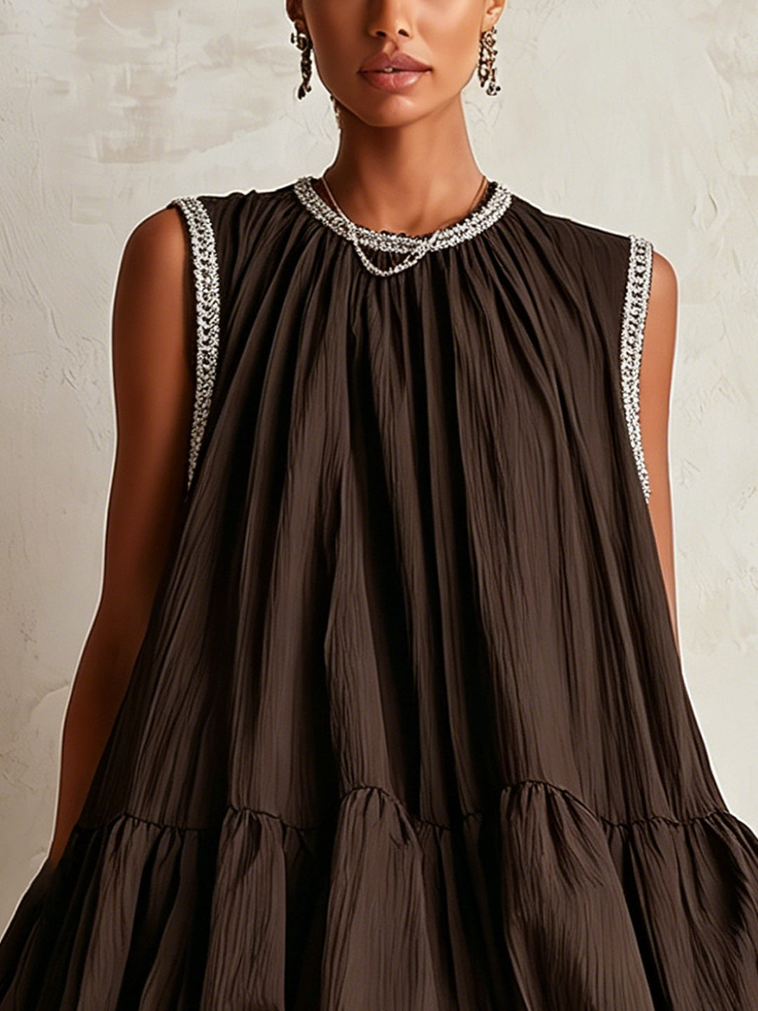 Thea | Senza Maniche Marrone Mini Abito with Puff Hem