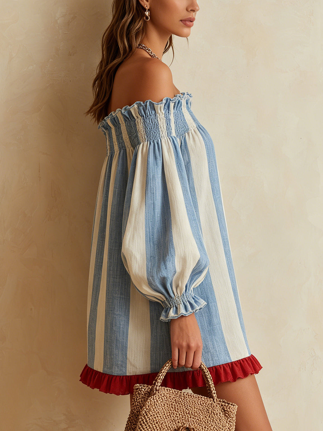 Iris | Blu and Bianco a Righe Spalle Scoperte Mini Abito with Contrast Hem