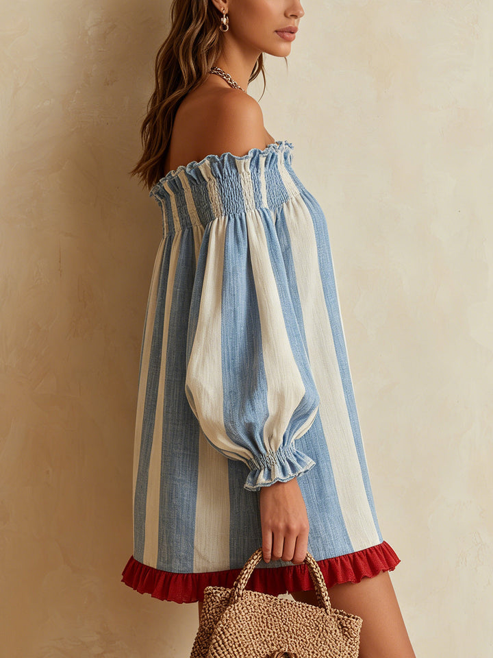 Iris | Blu and Bianco a Righe Spalle Scoperte Mini Abito with Contrast Hem