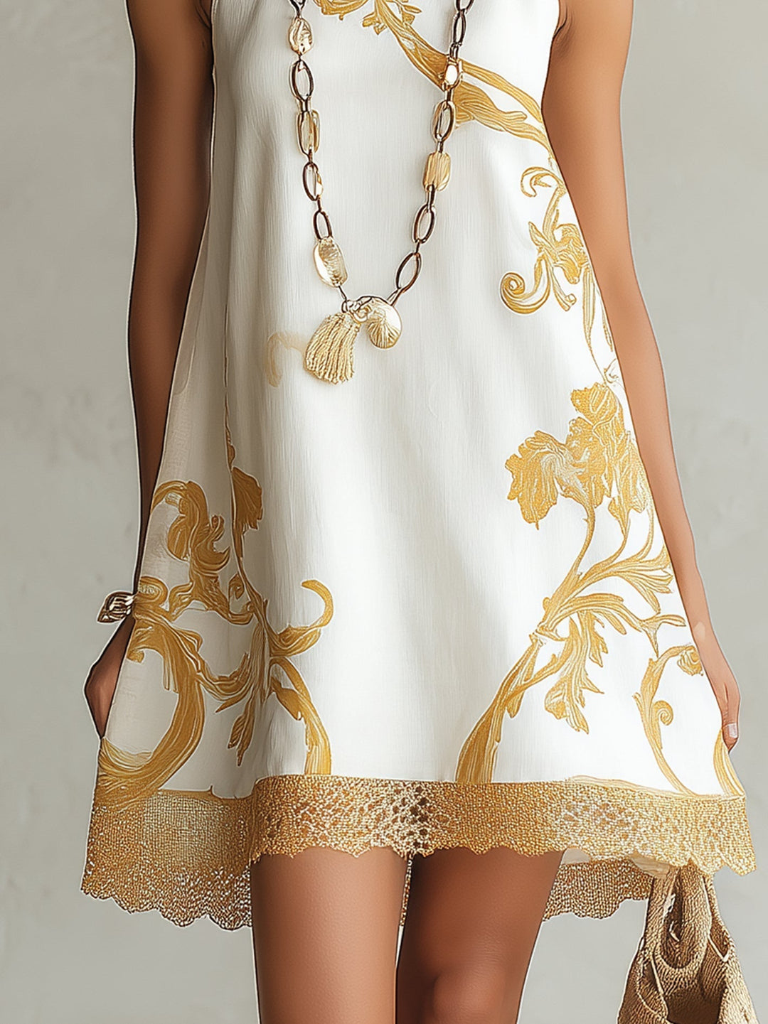 Ava | Bianco Pizzo Mini Abito with Oro Motifs