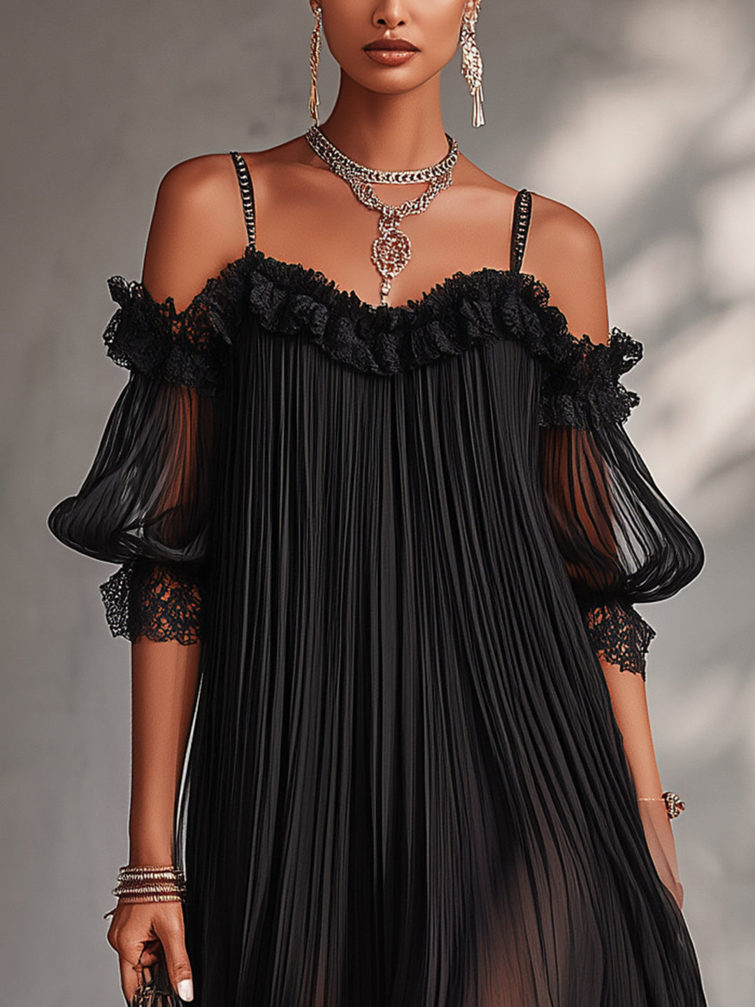 Olivia | Nero Raso Spalle Scoperte Mini Abito with Pizzo Trim