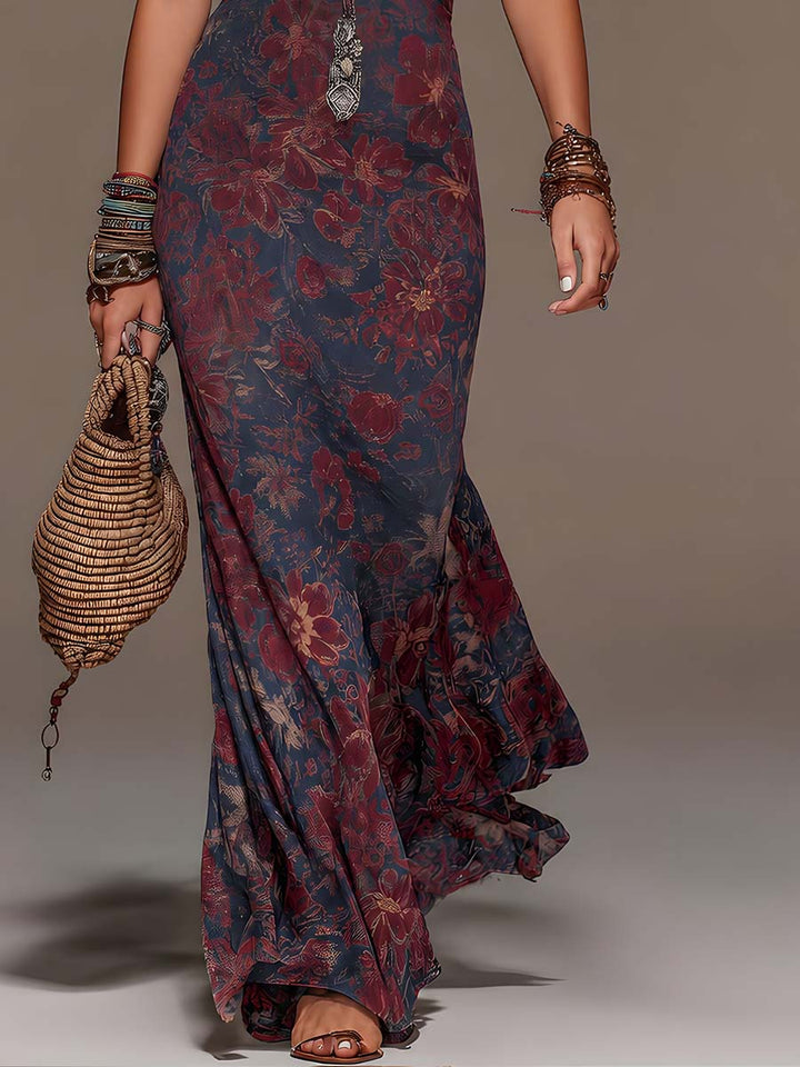 Lavinia | Mermaid Maxi Abito with Halter Pizzo Neckline and Floreale Stampa
