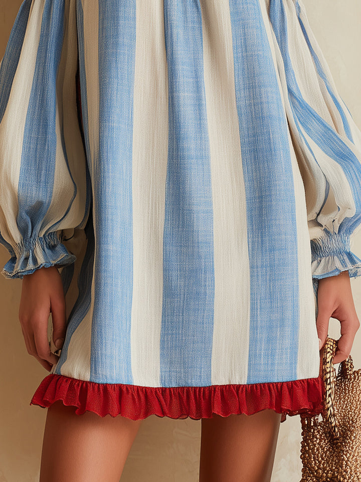 Iris | Blu and Bianco a Righe Spalle Scoperte Mini Abito with Contrast Hem