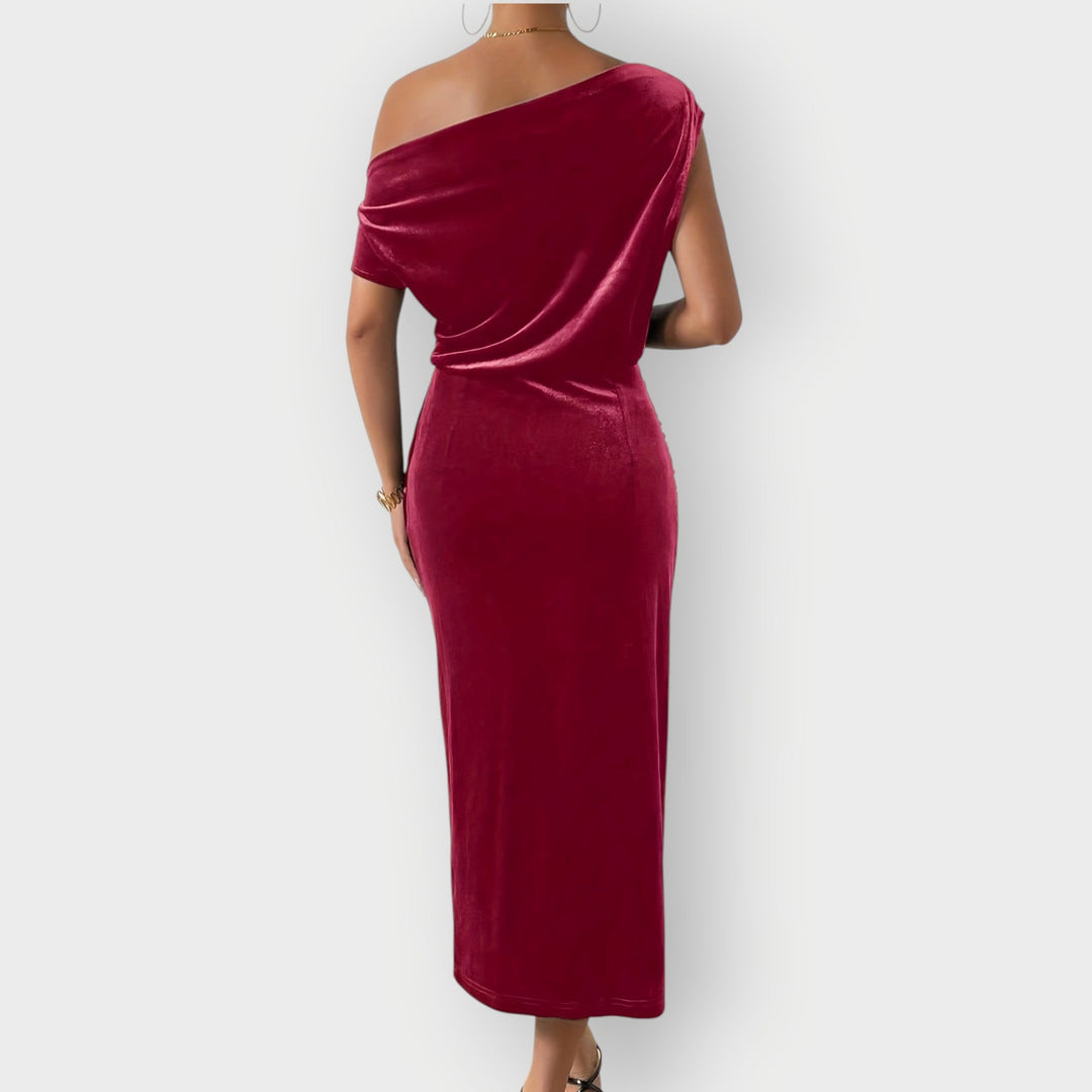 Saeviah | Abito Midi in Velluto Drappeggiato a Spalle Scoperte