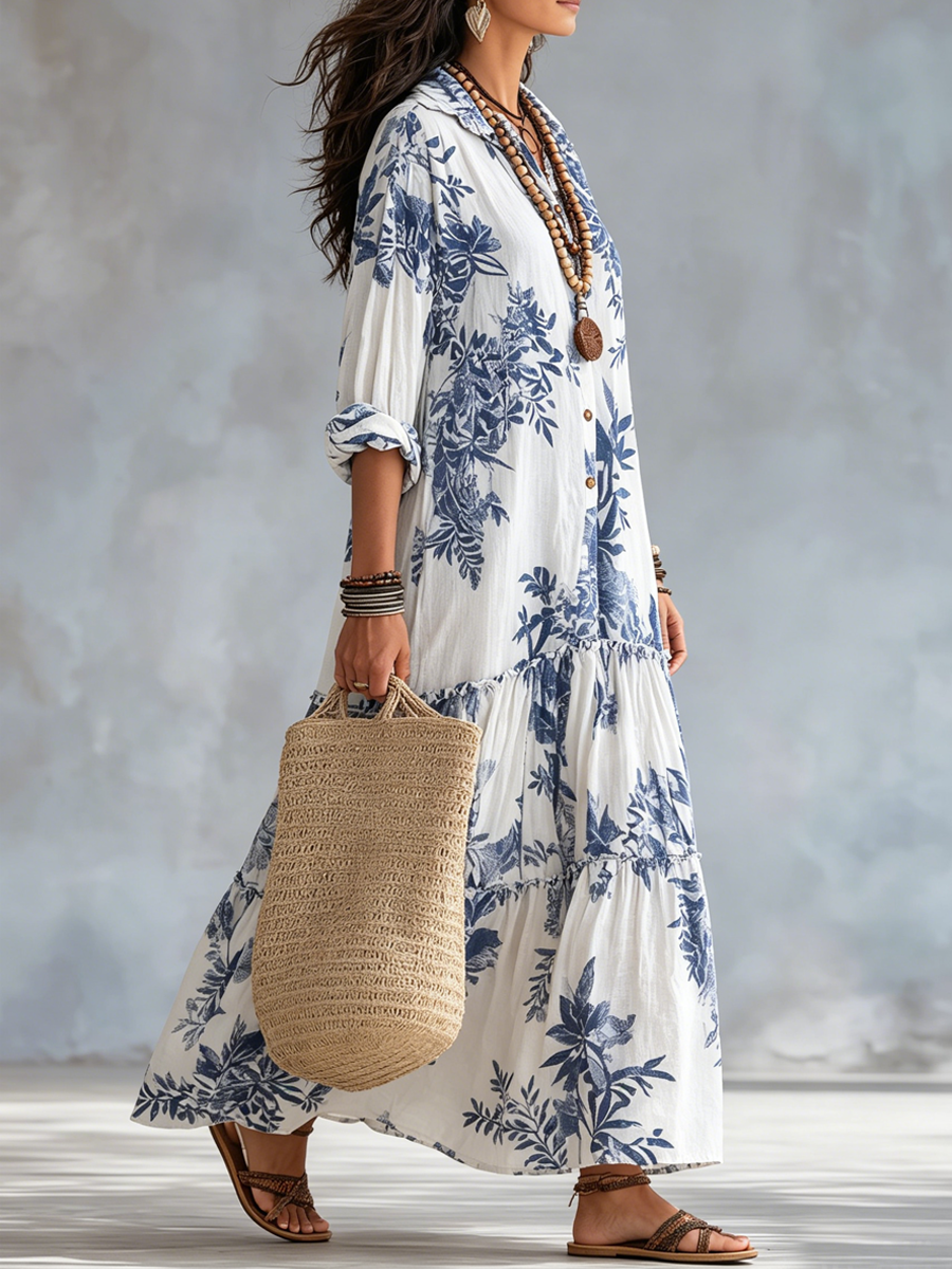 Fern | Blu Floreale con Bottoni Maxi Abito