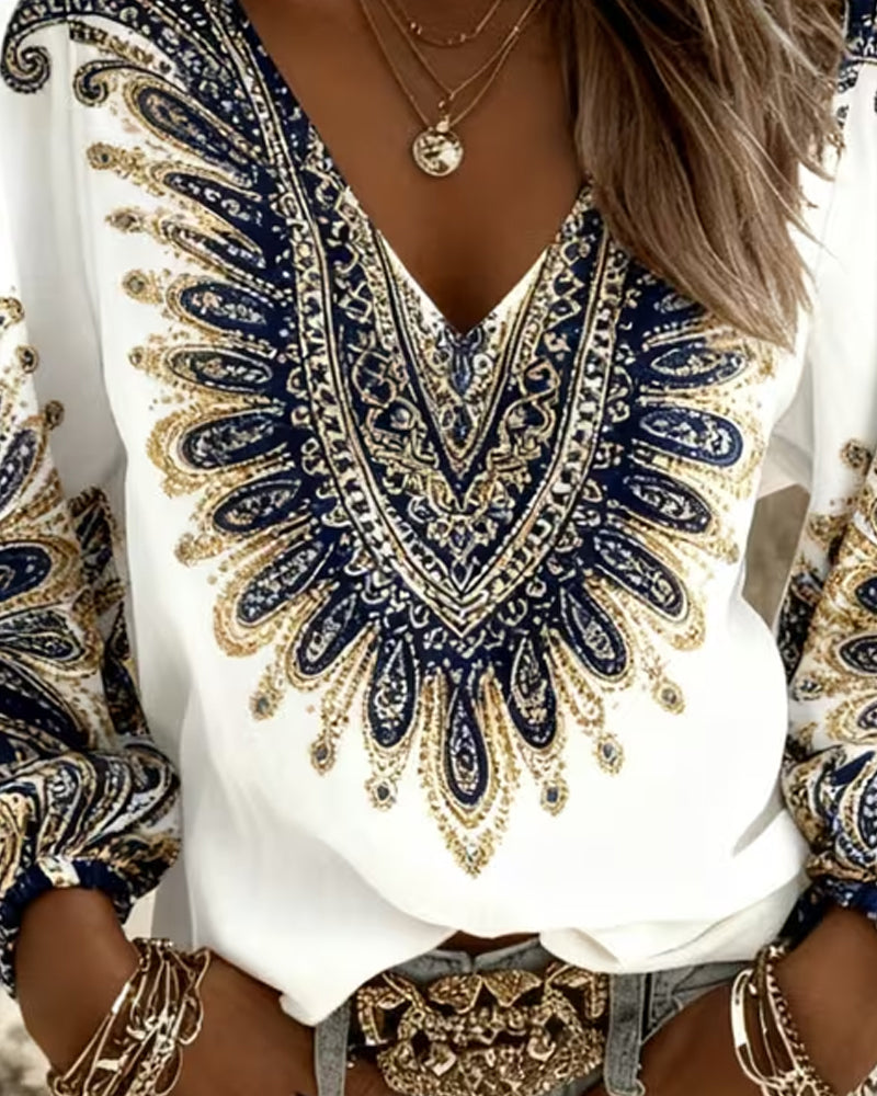 Karen | Scollo a V Retro Stampa Top