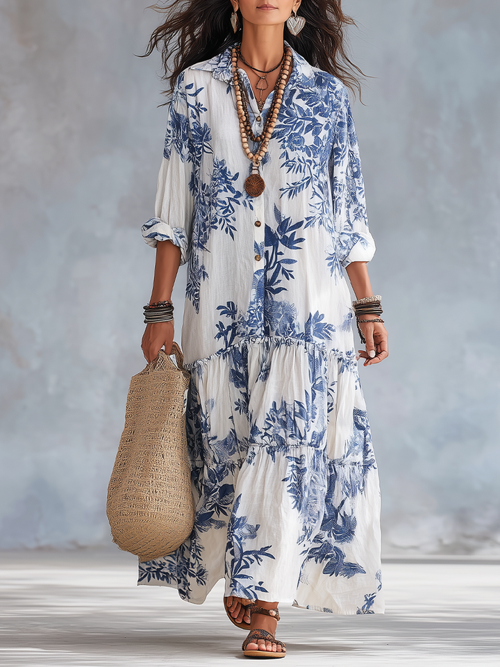 Fern | Blu Floreale con Bottoni Maxi Abito
