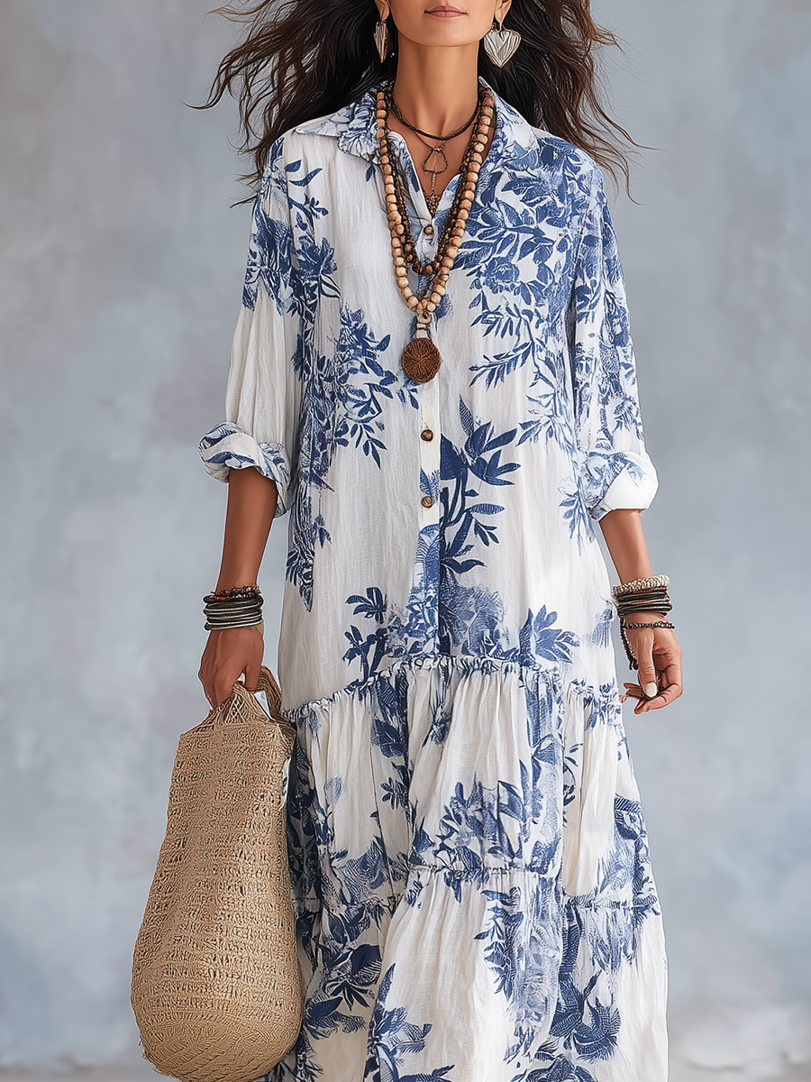 Fern | Blu Floreale con Bottoni Maxi Abito