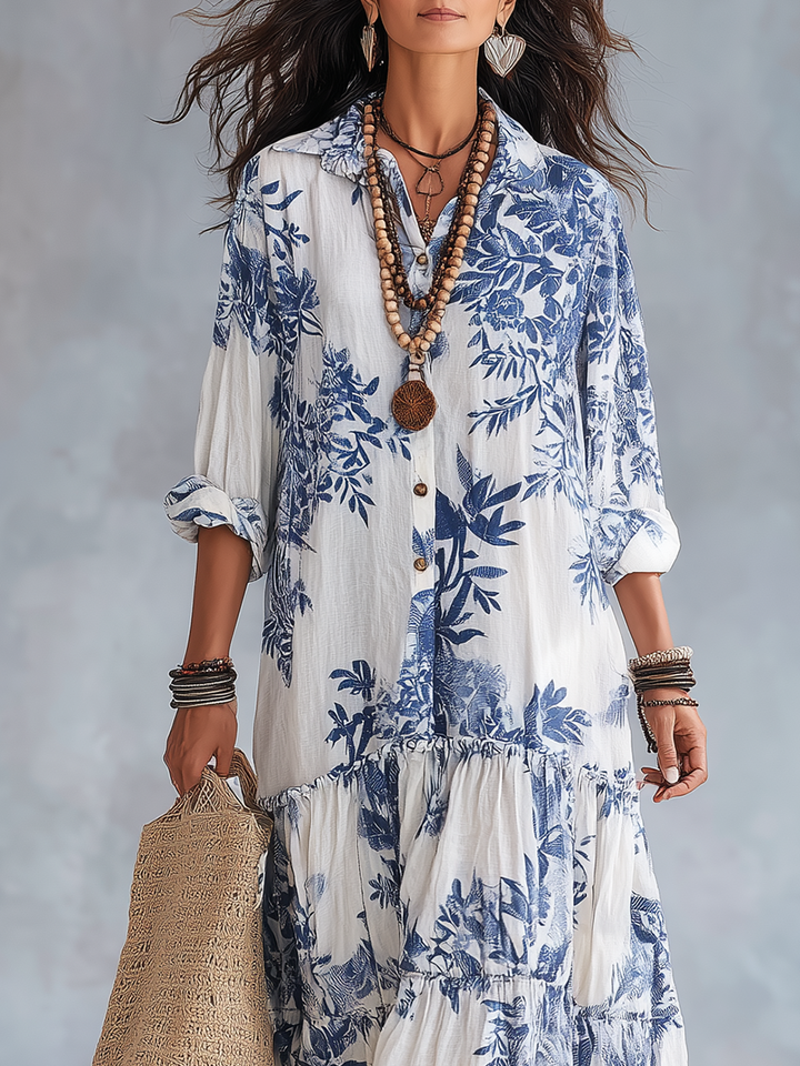 Fern | Blu Floreale con Bottoni Maxi Abito