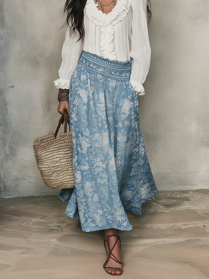 Tess | Bianco Ruffled Camicia And Blu Jacquard