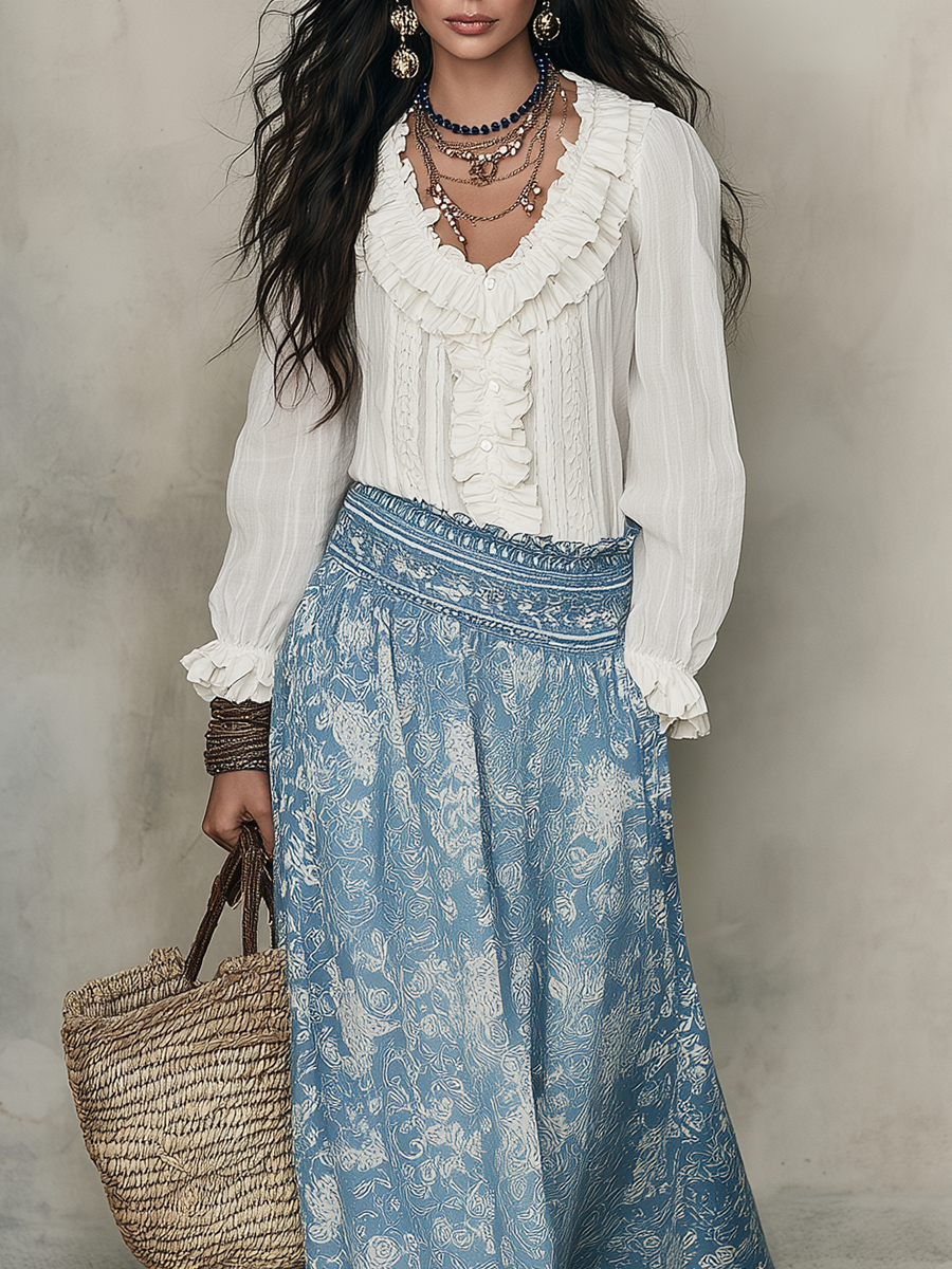 Tess | Bianco Ruffled Camicia And Blu Jacquard