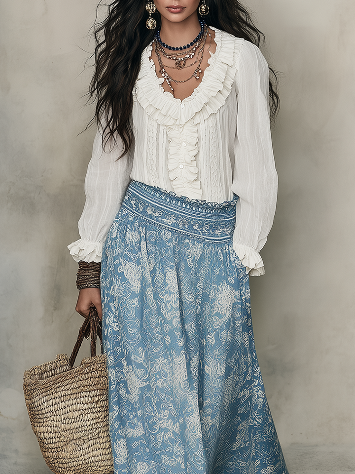 Tess | Bianco Ruffled Camicia And Blu Jacquard