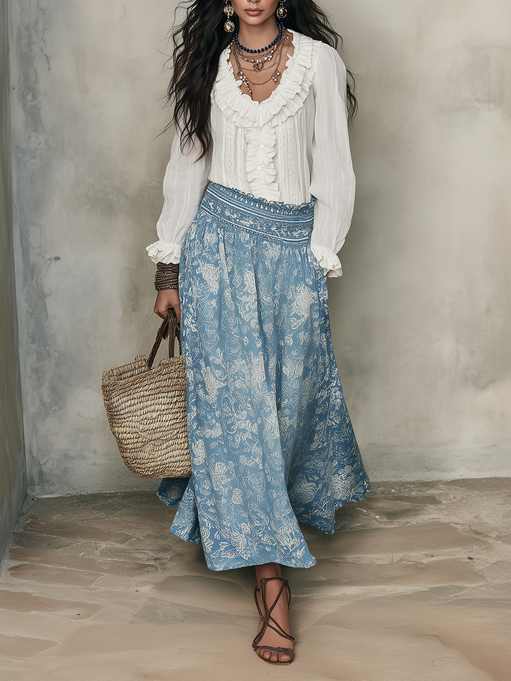 Tess | Bianco Ruffled Camicia And Blu Jacquard