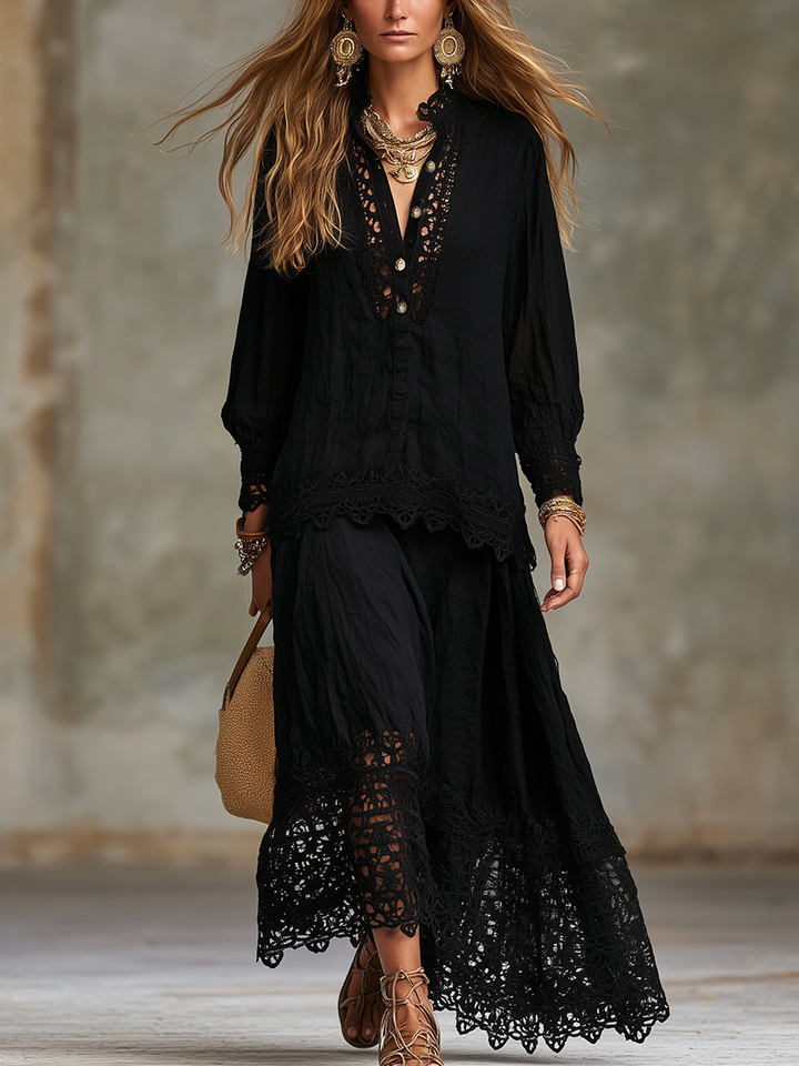 Mae | Nero Pizzo Camicia and Gonna Completo