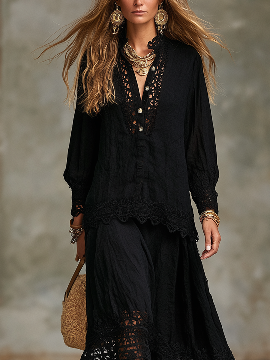 Mae | Nero Pizzo Camicia and Gonna Completo