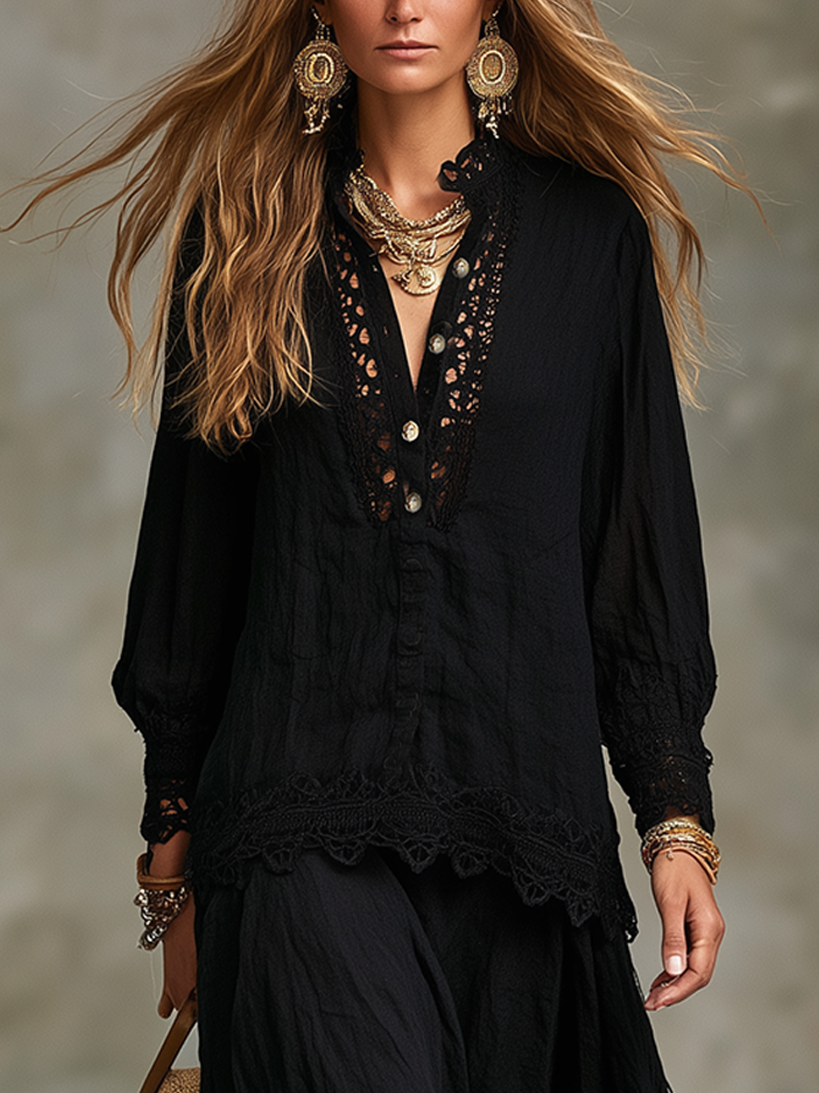 Mae | Nero Pizzo Camicia and Gonna Completo