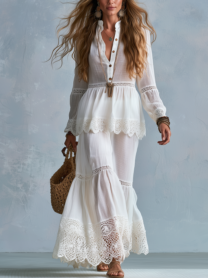 Oliva | Pizzo Stand-up Collar Camicia And Gonna