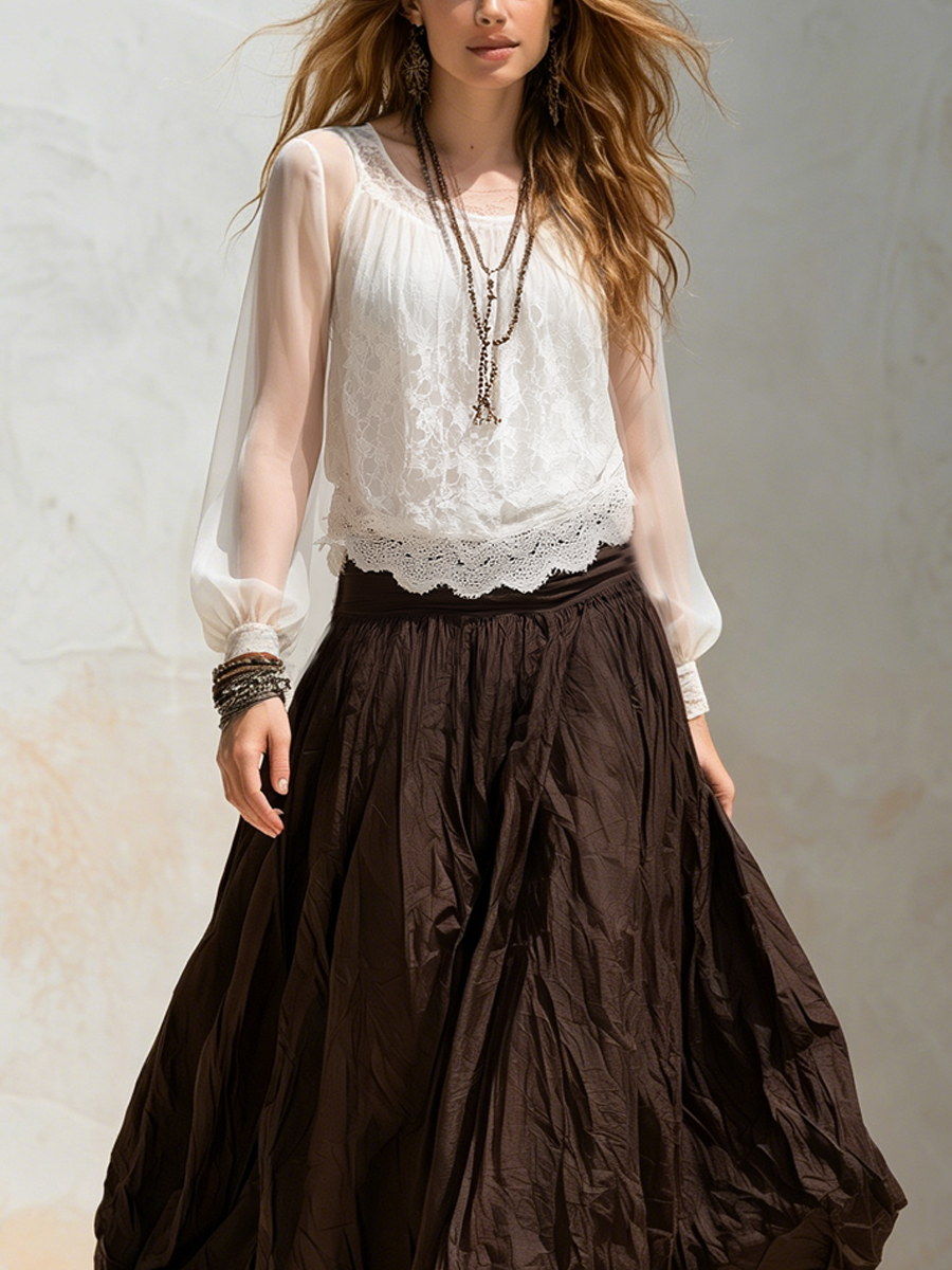 Hazel | Pizzo Chiffon Top And Marrone Gonna