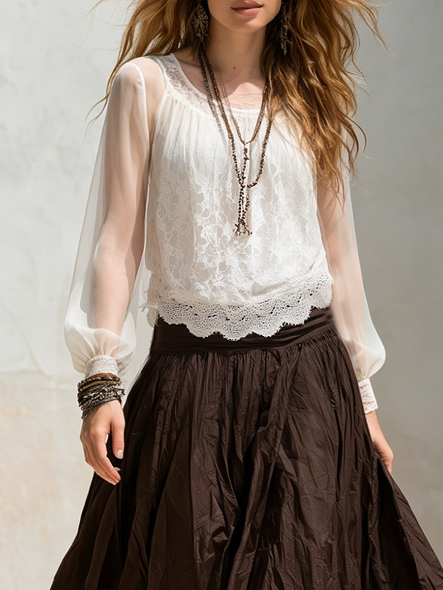 Hazel | Pizzo Chiffon Top And Marrone Gonna