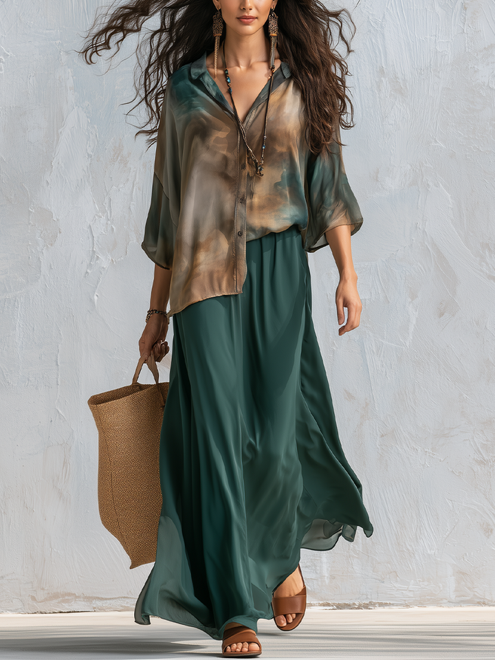 Jade | Deep Teal Stampato Draped Camicia