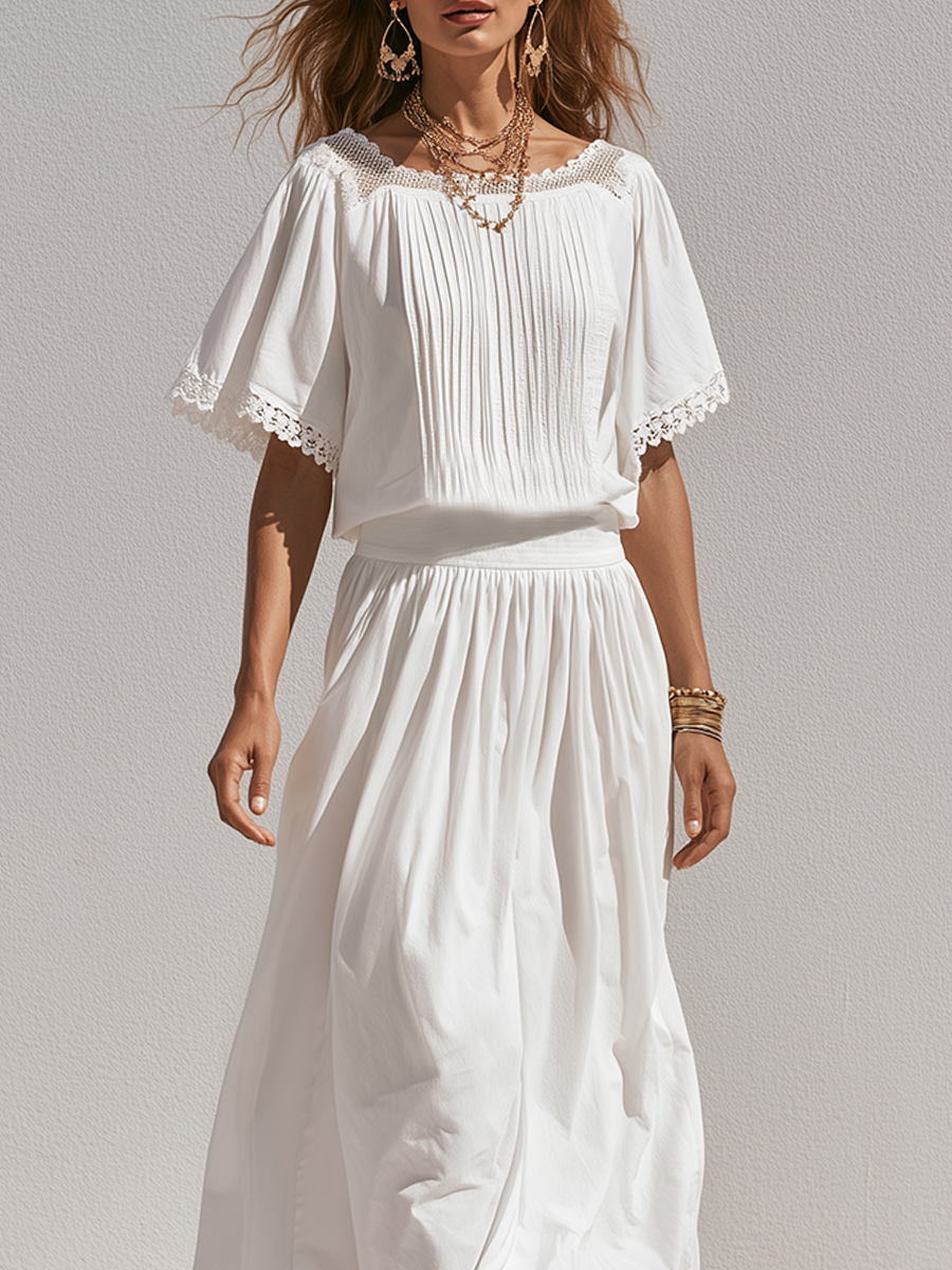 Zelda | Bianco Pizzo Trim Camicetta Midi Gonna
