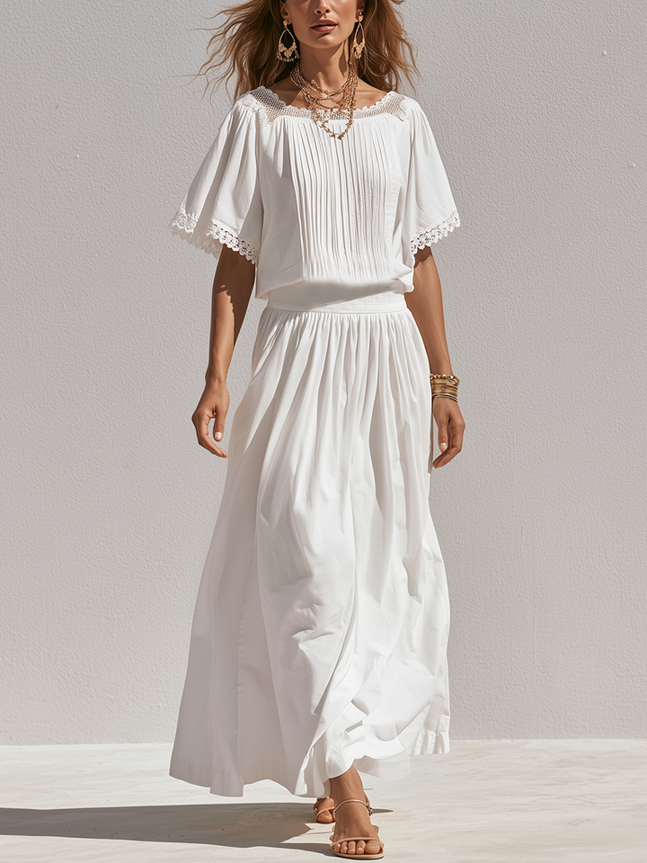 Zelda | Bianco Pizzo Trim Camicetta Midi Gonna