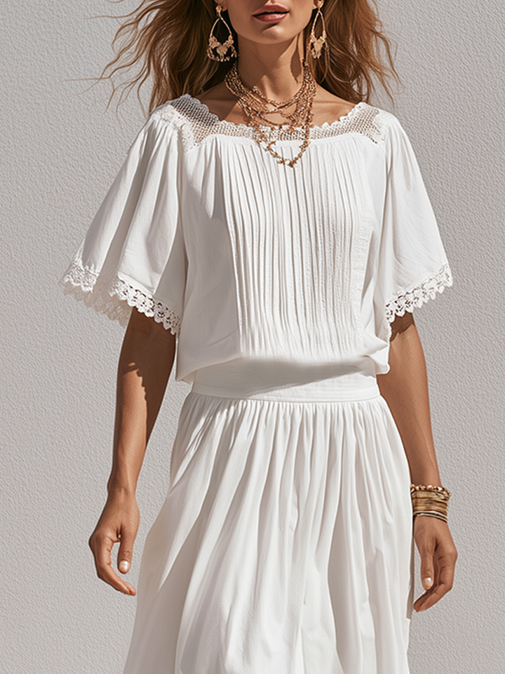 Zelda | Bianco Pizzo Trim Camicetta Midi Gonna