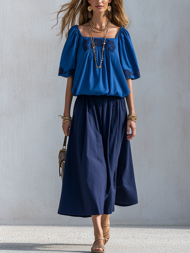 Briar | Cotone Lino Blu Colour-blocked Gonna Completo
